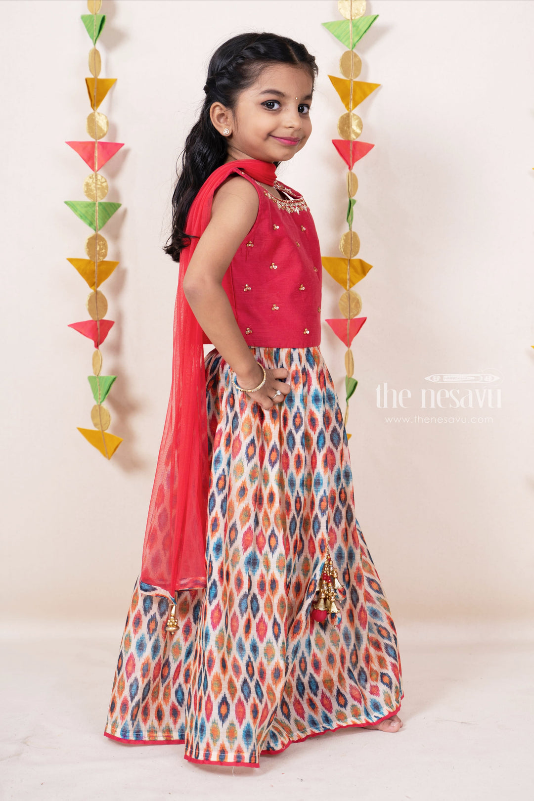 The Nesavu Girls Lehenga Choli Ikkat Designer Red Raw Silk Choli Wear For Baby Girls Nesavu Floral Designer Wear Ideas | Stylish Traditional Indian Lehenga Ideas | The Nesavu