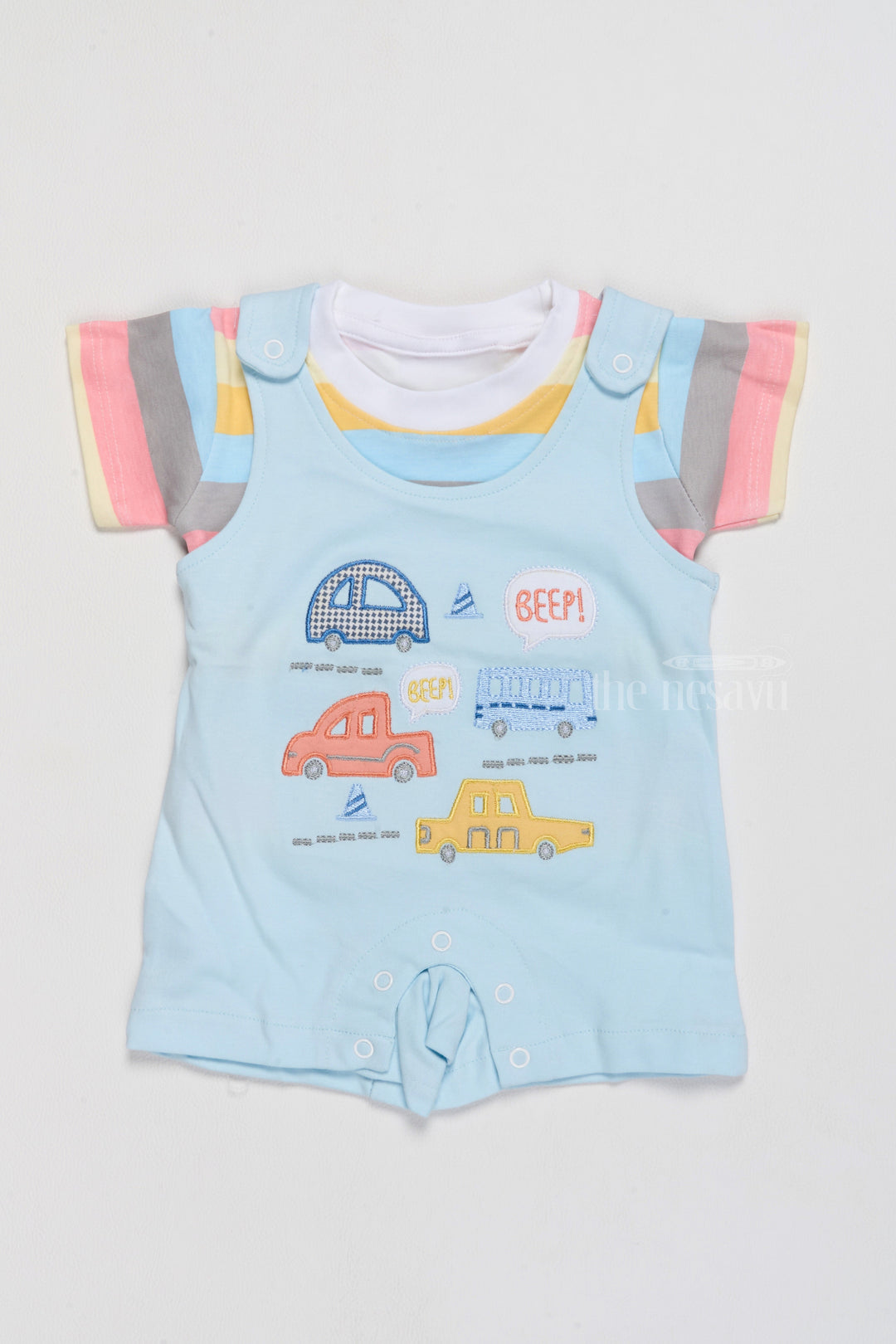 The Nesavu Baby Casual Sets Infant Holiday Dresses Cotton Blue Car Print Romper with Striped T-Shirt Nesavu 14 (6M) / Blue BCS188A-14 Nesavu Infant Holiday Dresses Cotton Blue Car Print Romper Striped T-Shirt