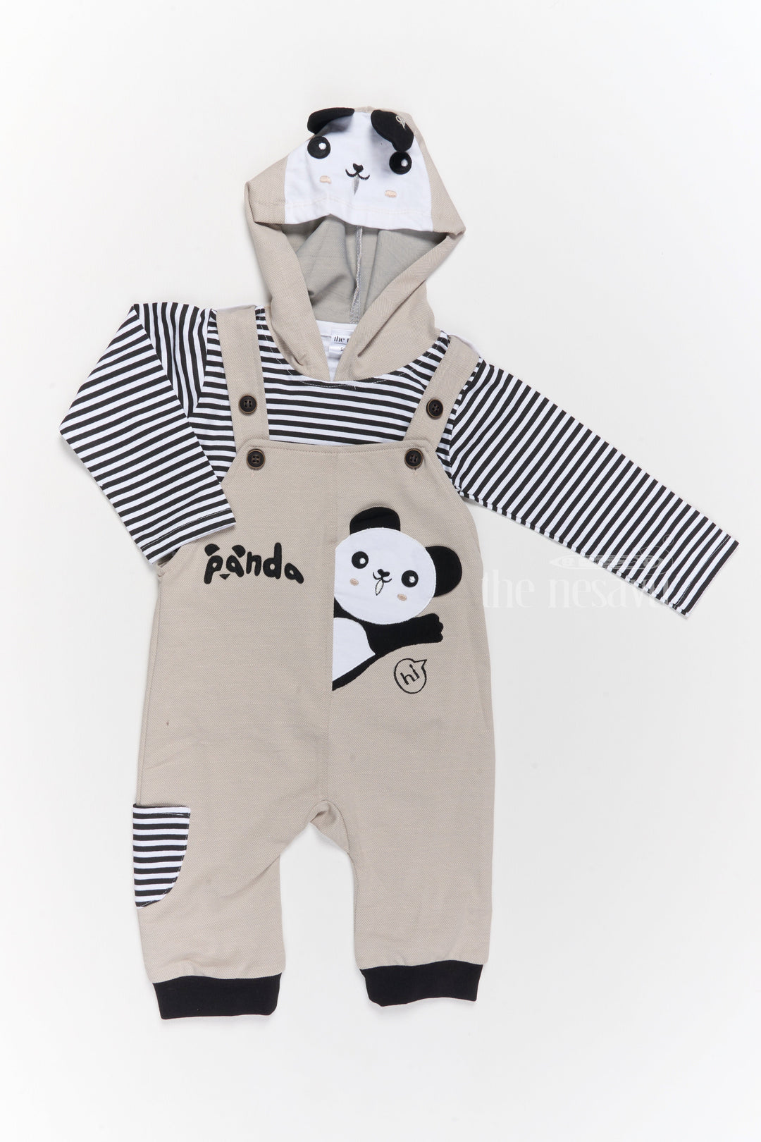 The Nesavu Baby Casual Sets Infant Photoshoot Dress Cotton Panda Romper with Striped Shirt and Hood Nesavu 14 (6M) / Gray BCS185A-14 Nesavu Infant Photoshoot Dress Cotton Panda Hooded Romper Striped Shirt