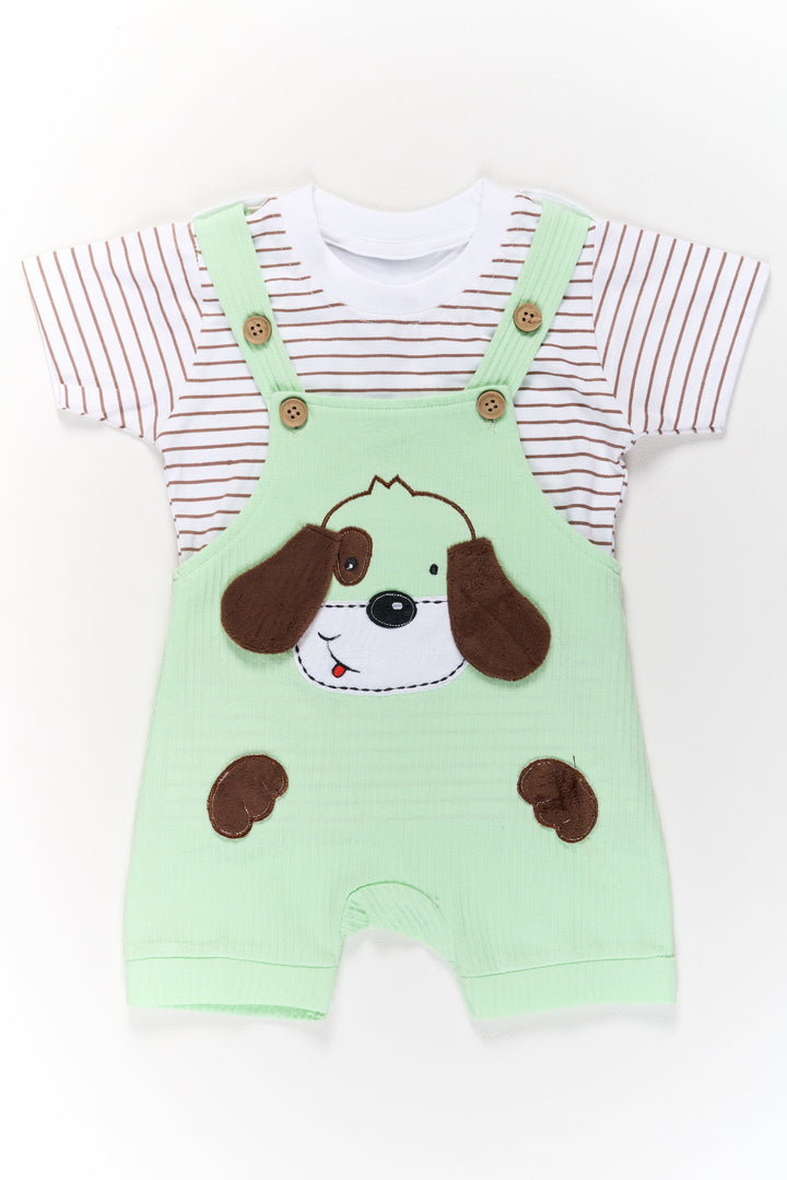 The Nesavu Baby Casual Sets Infant Summer Outfits Cotton Green Dog Romper with Striped T-Shirt Nesavu 14 (6M) / Green BCS186A-14 Nesavu Infant Summer Outfits Cotton Green Dog Romper Striped T-Shirt