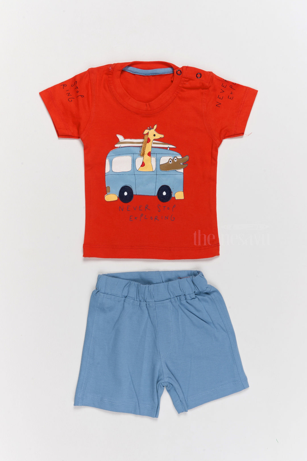 The Nesavu Baby Casual Sets Infant Western Wear Cotton Red T-Shirt with Fun Print and Blue Shorts Nesavu 10 (NB) / Red BCS184B-10 Nesavu Infant Western Wear Cotton Red T-Shirt Blue Shorts Set