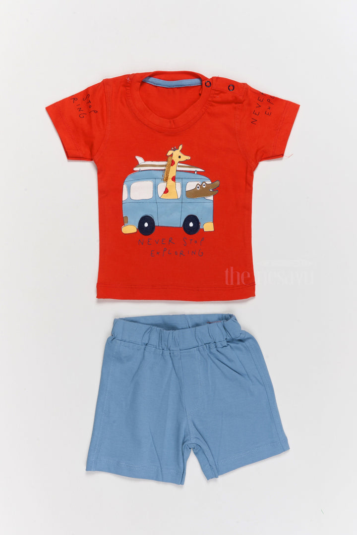 The Nesavu Baby Casual Sets Infant Western Wear Cotton Red T-Shirt with Fun Print and Blue Shorts Nesavu 10 (NB) / Red BCS184B-10 Nesavu Infant Western Wear Cotton Red T-Shirt Blue Shorts Set