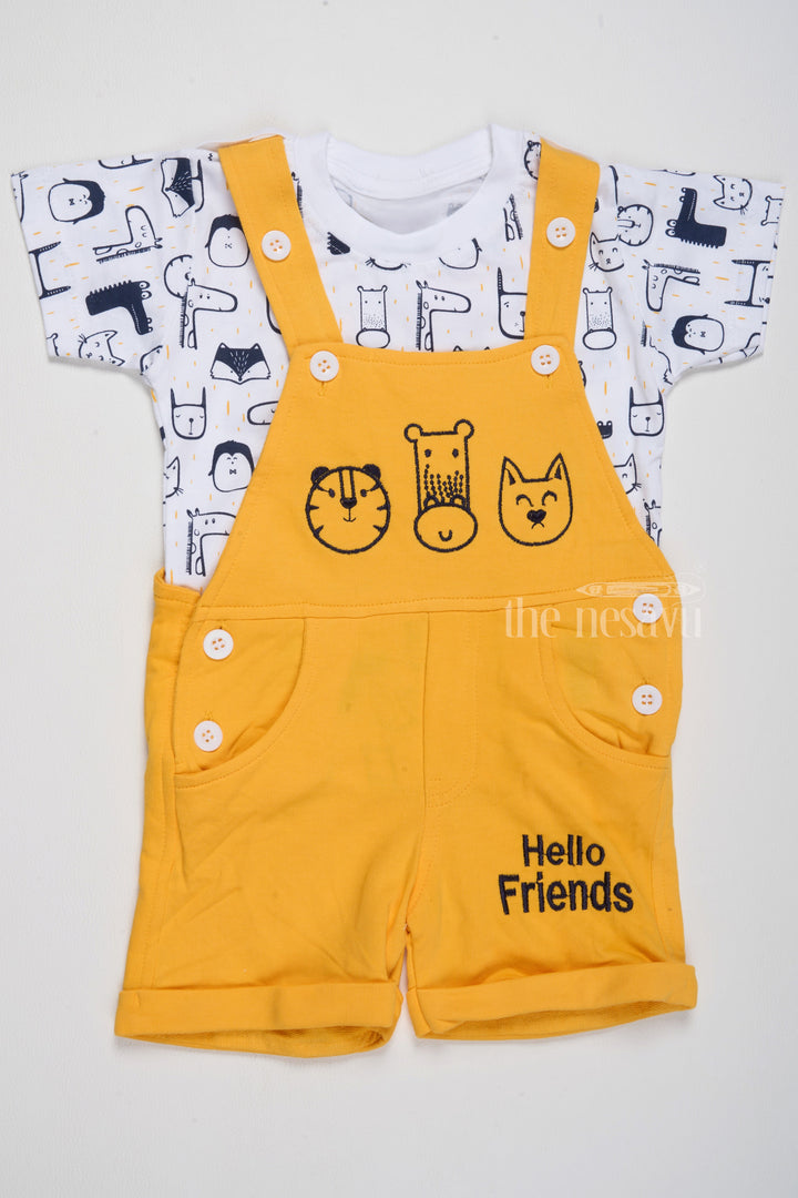 The Nesavu Baby Casual Sets Infant Yellow Easter Dress Animal Applique Dungaree with Printed T-Shirt Nesavu 14 (6M) / Yellow BCS190A-14 Nesavu Infant Yellow Easter Dress Animal Applique Dungaree Printed T-Shirt