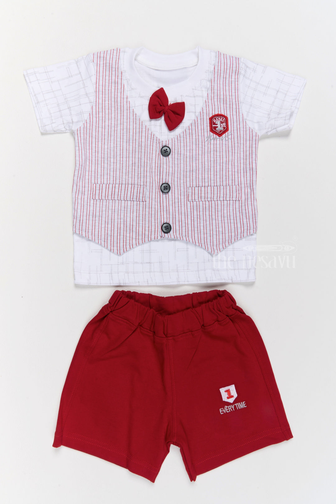 The Nesavu Baby Casual Sets Infants Winter Wear Cotton Red Shorts with Striped Vest and Bowtie Nesavu 10 (NB) / Red BCS187B-10 Nesavu Infants Winter Wear Cotton Striped Vest Red Bowtie Shorts