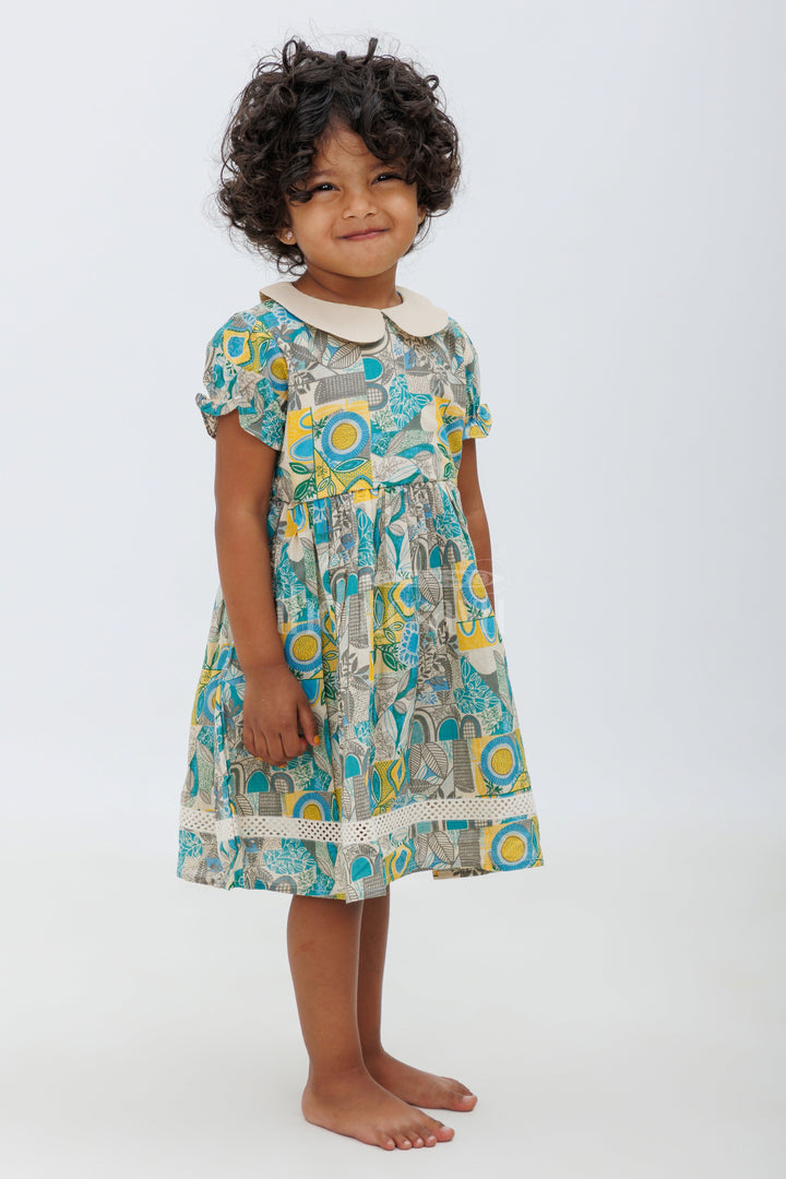 The Nesavu Girls Cotton Frock Jaipur Cotton Print Puff Sleeve Frock - Blue and Yellow Nesavu Nesavu Jaipur Cotton Print Puff Sleeve Frock - Blue and Yellow for Girls