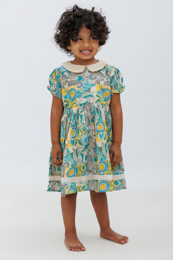 The Nesavu Girls Cotton Frock Jaipur Cotton Print Puff Sleeve Frock - Blue and Yellow Nesavu Nesavu Jaipur Cotton Print Puff Sleeve Frock - Blue and Yellow for Girls