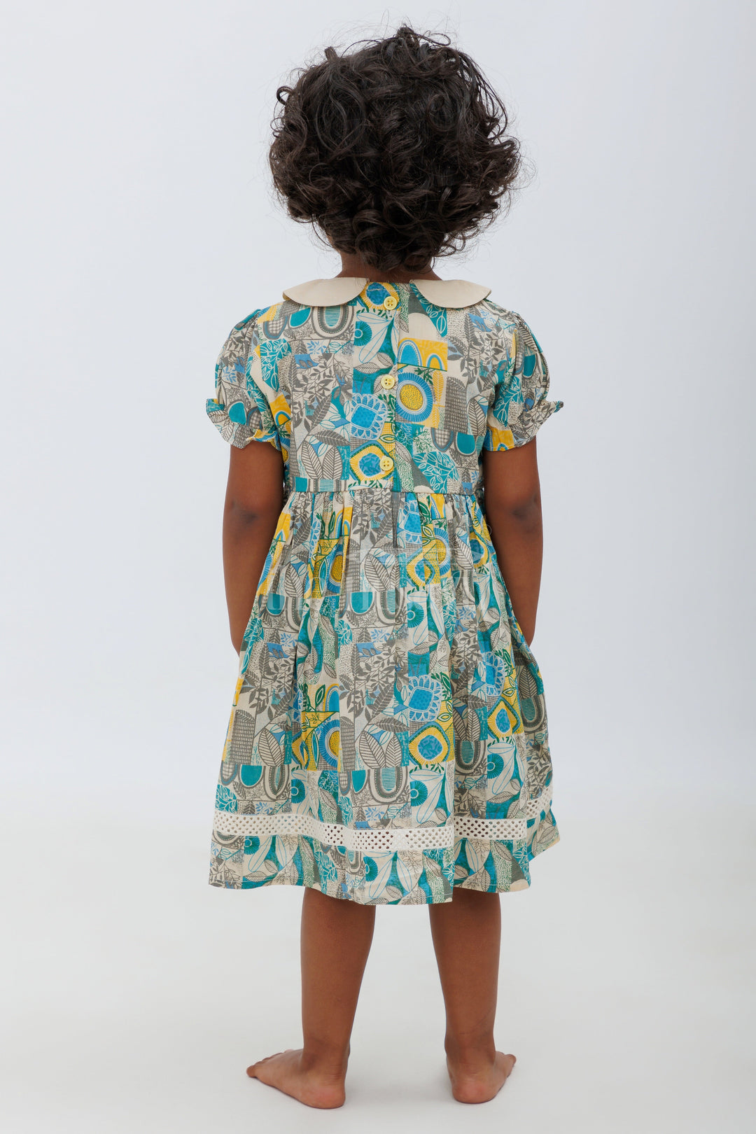 The Nesavu Girls Cotton Frock Jaipur Cotton Print Puff Sleeve Frock - Blue and Yellow Nesavu Nesavu Jaipur Cotton Print Puff Sleeve Frock - Blue and Yellow for Girls