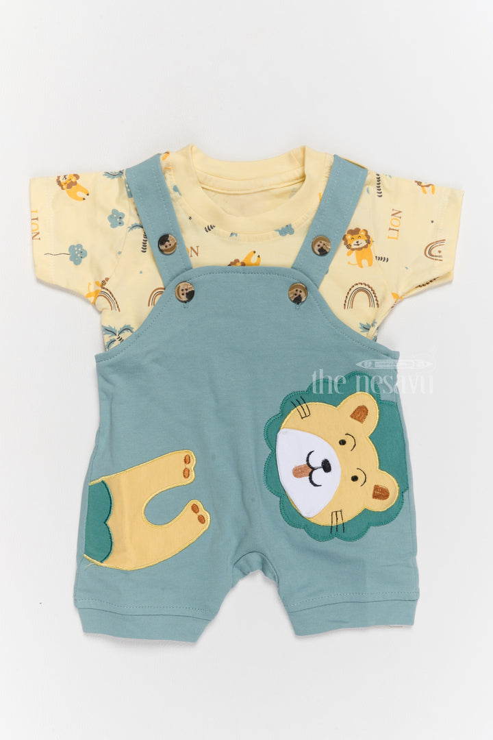 The Nesavu Baby Casual Sets Janmashtami Dress for Newborn Blue Lion-Themed Dungaree with Printed Yellow T-Shirt Nesavu 14 (6M) / Blue BCS194A-14 Nesavu Janmashtami Dress Newborn Blue Lion Dungaree Printed T-Shirt