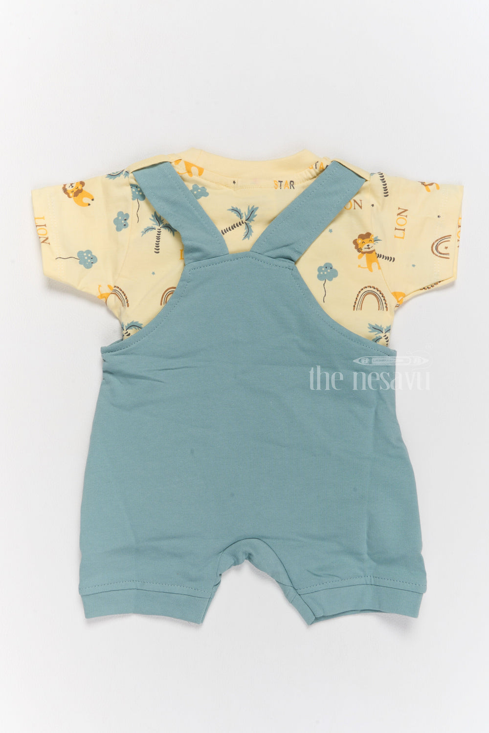 The Nesavu Baby Casual Sets Janmashtami Dress for Newborn Blue Lion-Themed Dungaree with Printed Yellow T-Shirt Nesavu Nesavu Janmashtami Dress Newborn Blue Lion Dungaree Printed T-Shirt