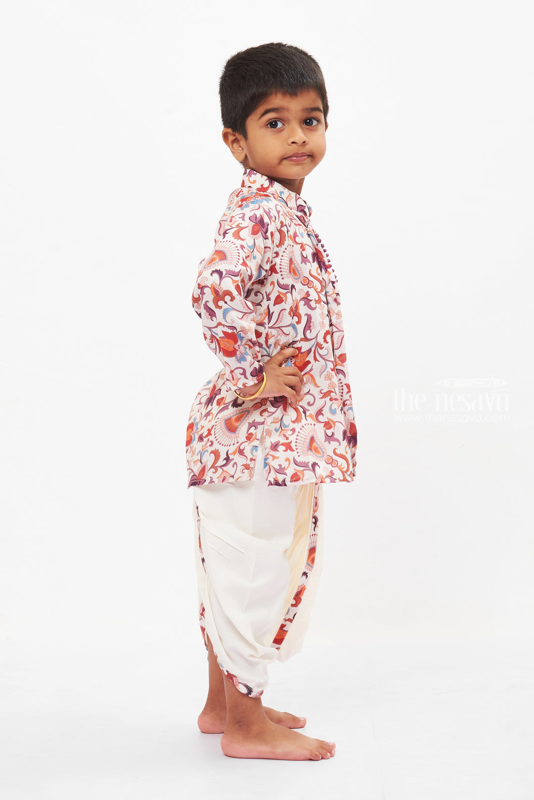 The Nesavu Boys Dothi Set Kalamkari Printed Kurta with Dhoti Set for Boys - Celebrate Ugadi and Tamil New Year in Style Nesavu Buy Kalamkari Dhoti Kurta for Boys Online | Designer Festive Panchagajam Set | The Nesavu