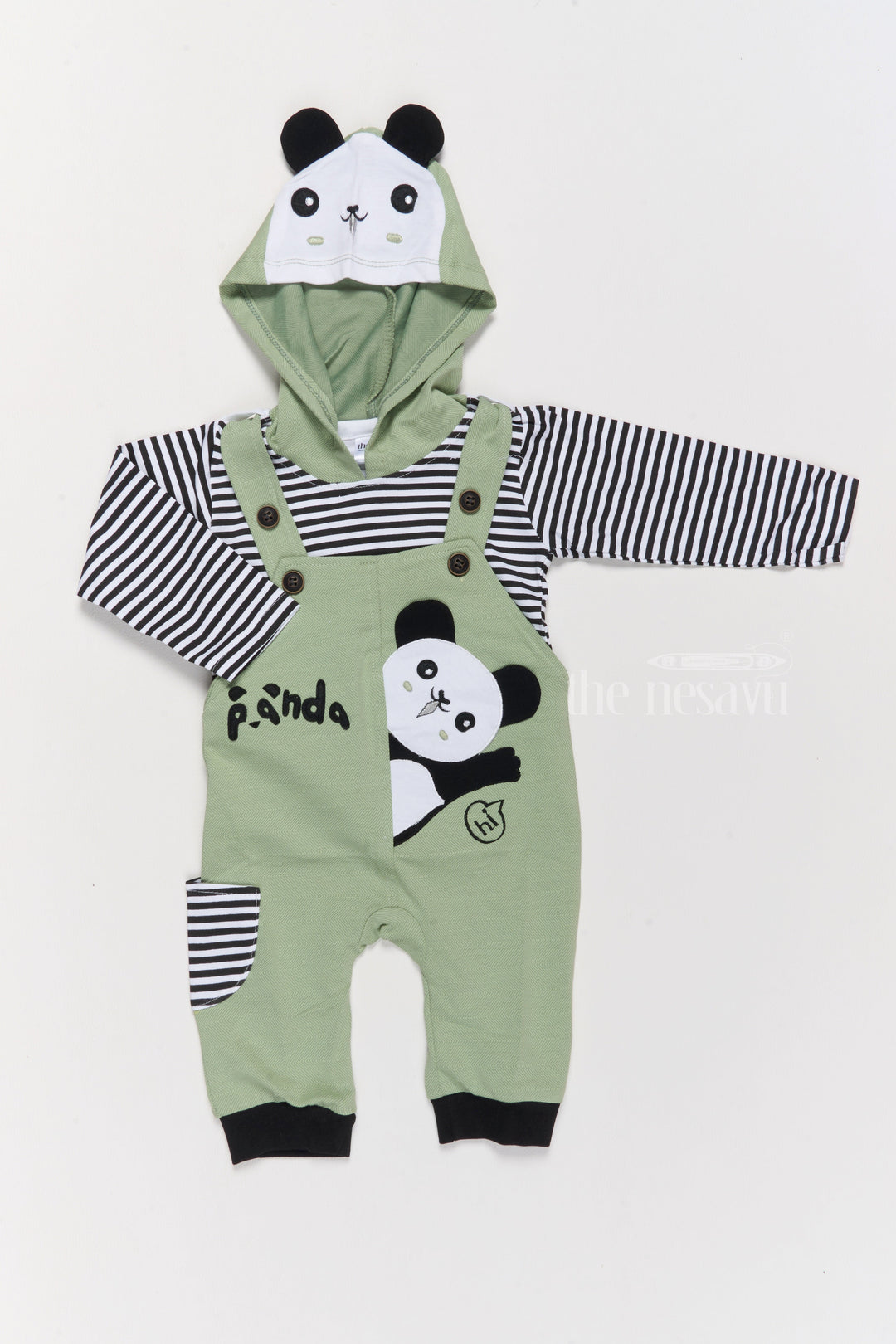 The Nesavu Baby Casual Sets Korean Culture Dress Cotton Panda Green Romper with Striped Shirt and Hood Nesavu 14 (6M) / Green BCS185B-14 Nesavu Korean Culture Dress Cotton Panda Hooded Romper Green