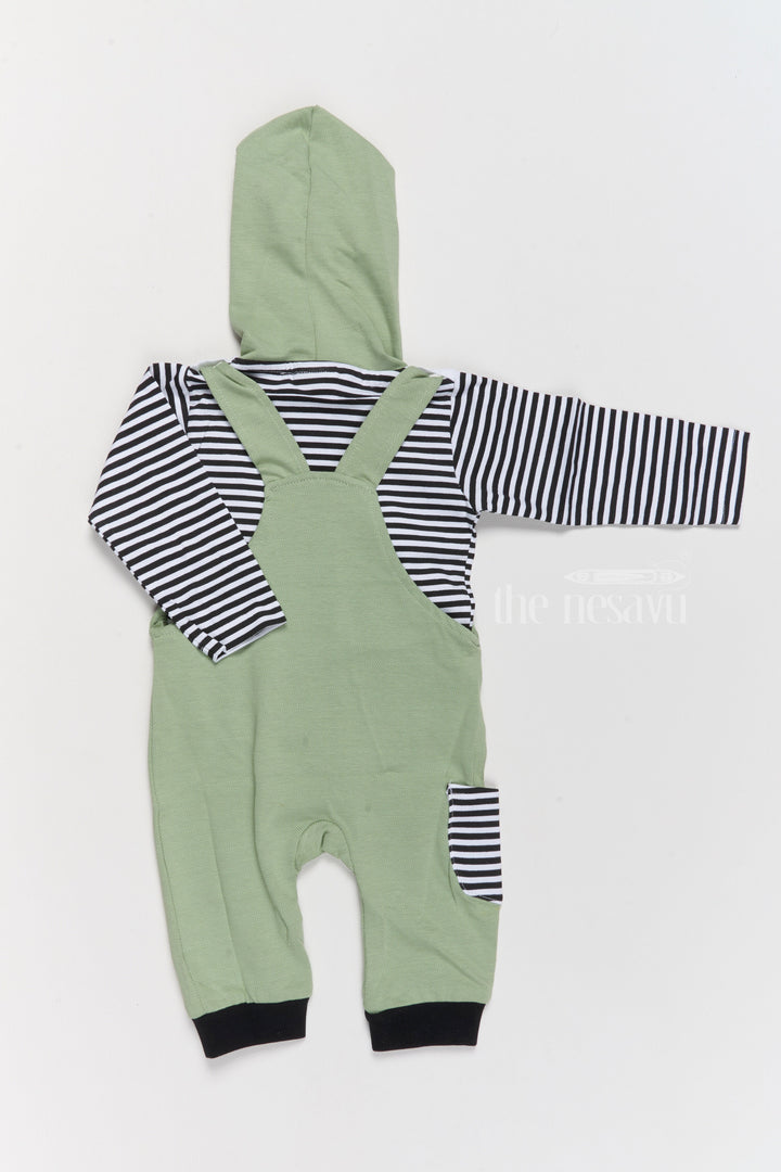 The Nesavu Baby Casual Sets Korean Culture Dress Cotton Panda Green Romper with Striped Shirt and Hood Nesavu Nesavu Korean Culture Dress Cotton Panda Hooded Romper Green