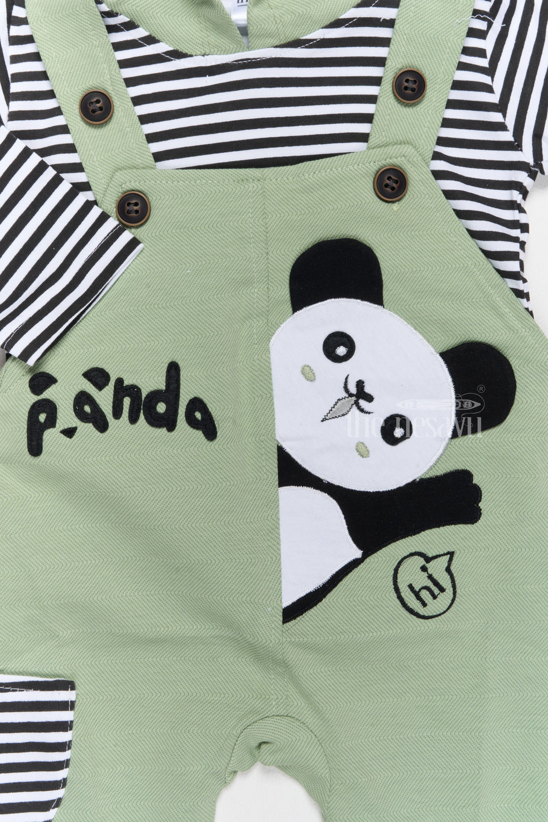 The Nesavu Baby Casual Sets Korean Culture Dress Cotton Panda Green Romper with Striped Shirt and Hood Nesavu Nesavu Korean Culture Dress Cotton Panda Hooded Romper Green