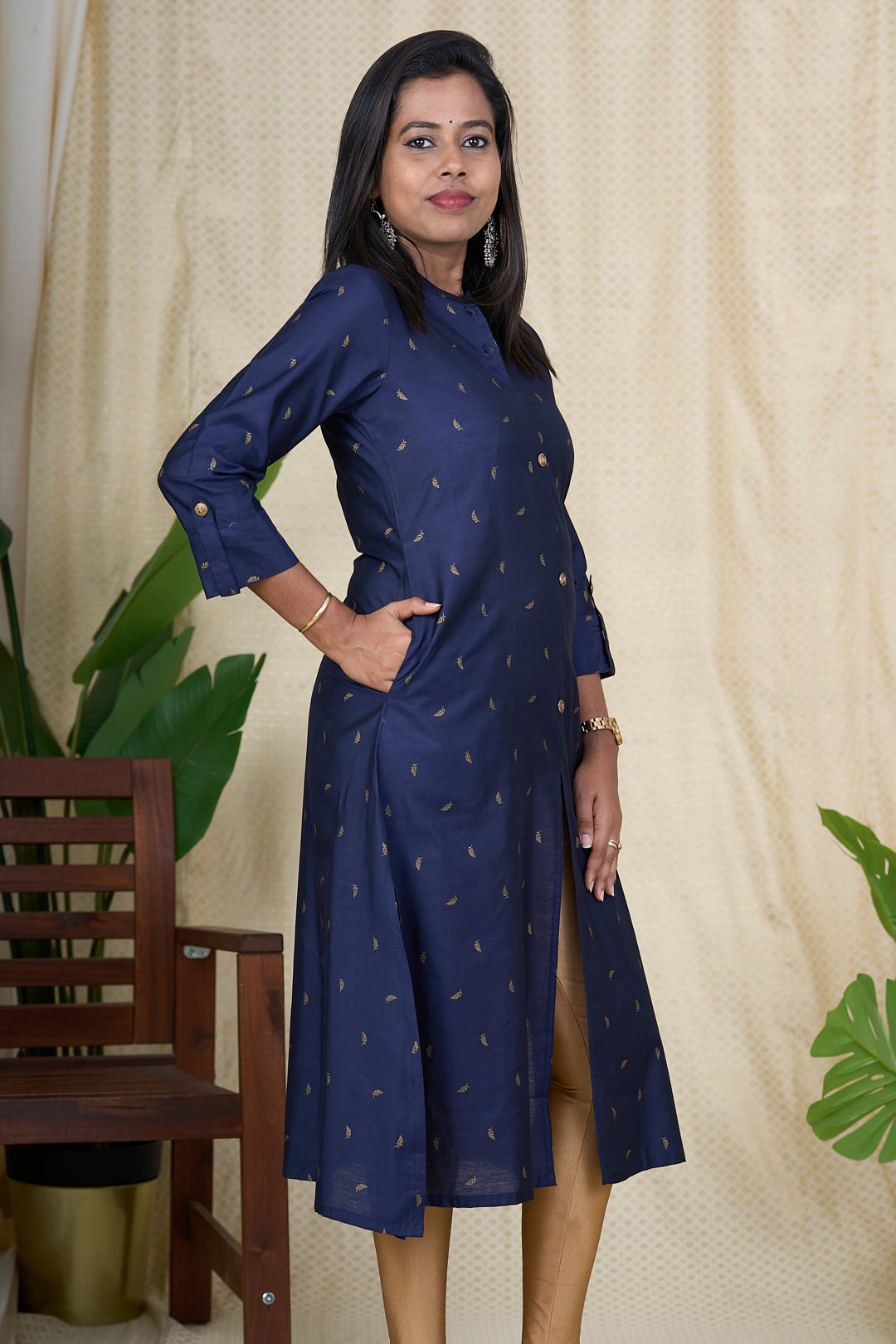 The Nesavu Womens A-Line Kurthas Kurta for Women Online - Navy Blue Viscose Silk Kurta with Chinese Collar Nesavu 34 (XS) / Blue / Viscose Silk WT007A-34