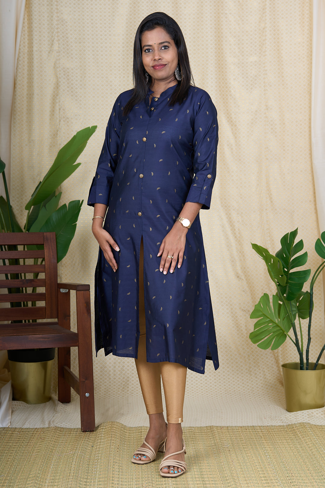 The Nesavu Womens A-Line Kurthas Kurta for Women Online - Navy Blue Viscose Silk Kurta with Chinese Collar Nesavu