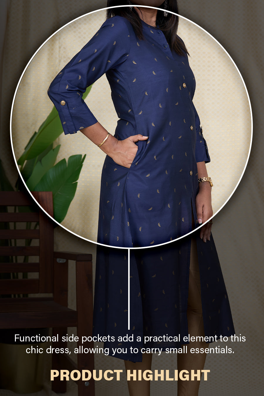 The Nesavu Womens A-Line Kurthas Kurta for Women Online - Navy Blue Viscose Silk Kurta with Chinese Collar Nesavu