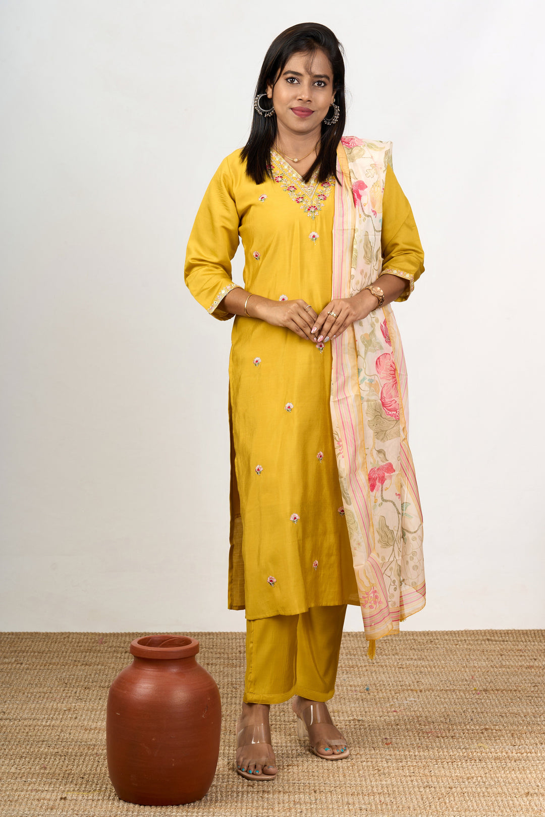 The Nesavu Womens Straight Suit Sets Kurti Pant Set with Dupatta in Mustard Yellow Blend Silk with Delicate Floral Embroidery Nesavu 38 (M) / Yellow WTH061B-38 Nesavu Mustard Yellow Kurti Pant Set Floral Embroidery Printed Dupatta Festive Occasions