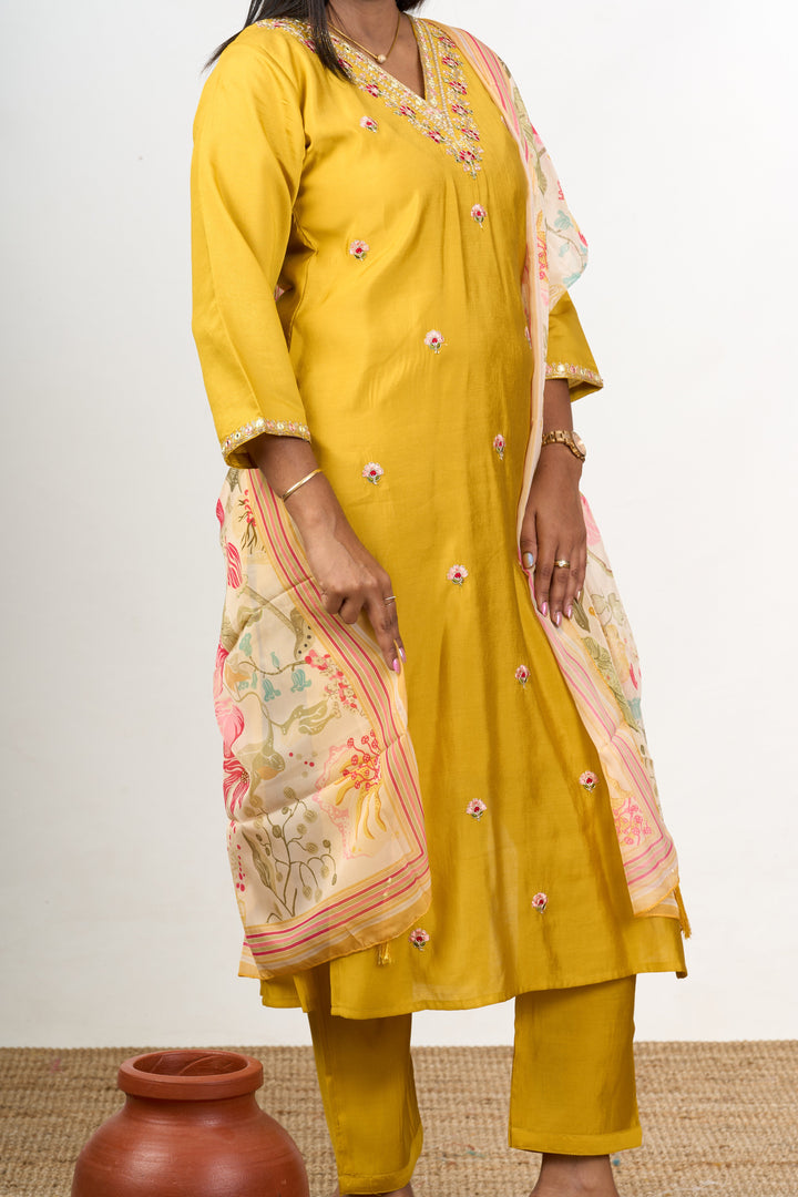 The Nesavu Womens Straight Suit Sets Kurti Pant Set with Dupatta in Mustard Yellow Blend Silk with Delicate Floral Embroidery Nesavu Nesavu Mustard Yellow Kurti Pant Set Floral Embroidery Printed Dupatta Festive Occasions