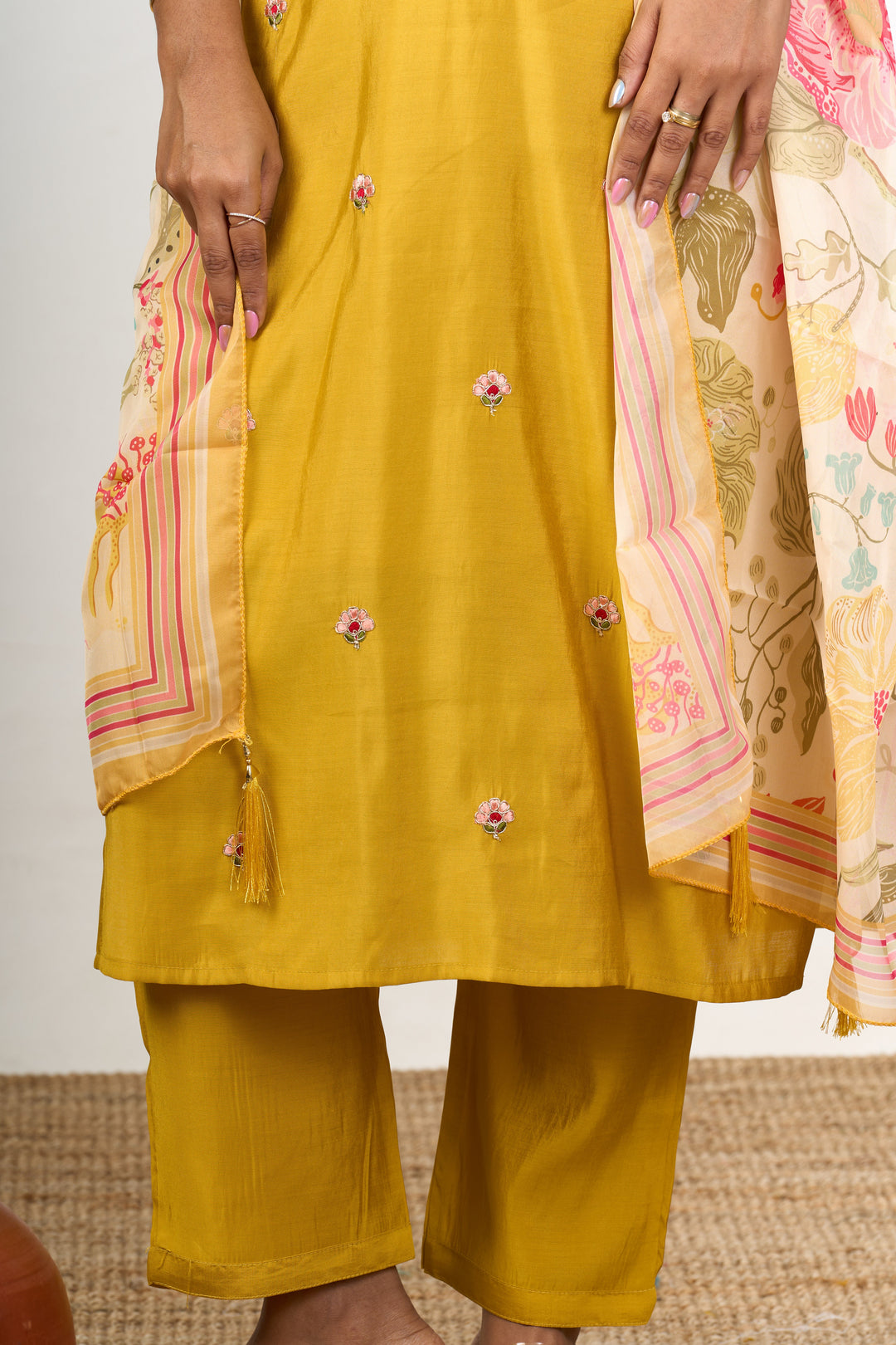 The Nesavu Womens Straight Suit Sets Kurti Pant Set with Dupatta in Mustard Yellow Blend Silk with Delicate Floral Embroidery Nesavu Nesavu Mustard Yellow Kurti Pant Set Floral Embroidery Printed Dupatta Festive Occasions