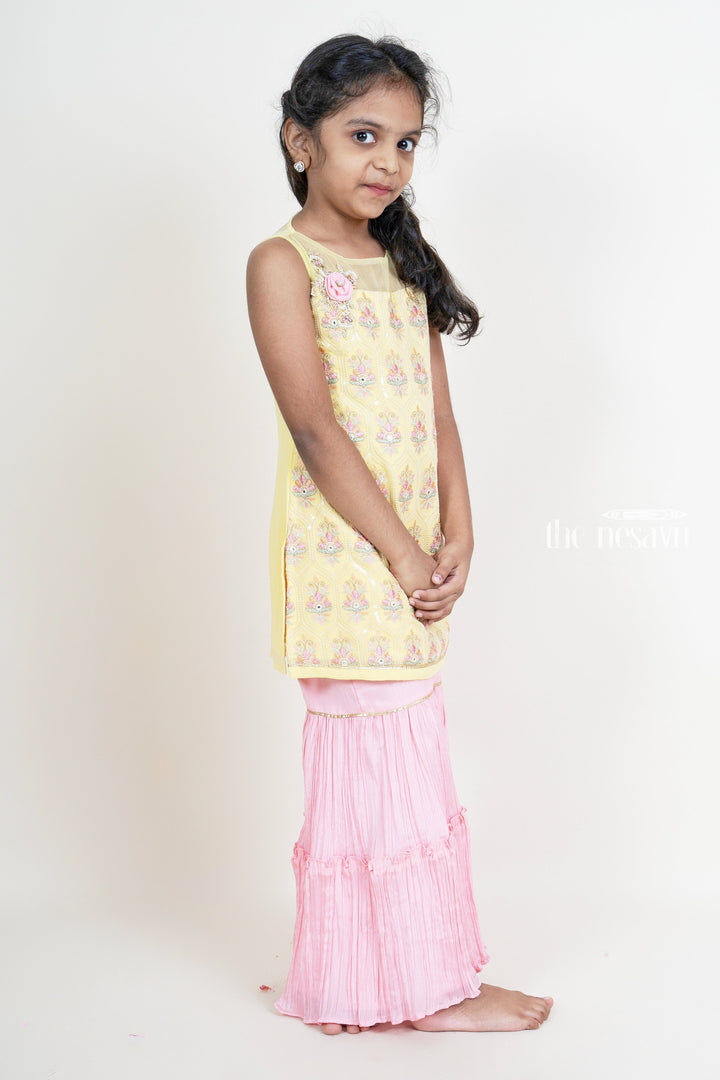 The Nesavu Girls Sharara / Plazo Set Latest Embroidery Yellow With Pink Sharara Pant For Baby Girls Nesavu Shop Girls Designer Palazzo Suit Ideas | Latest Festive Wear For Diwali | The Nesavu