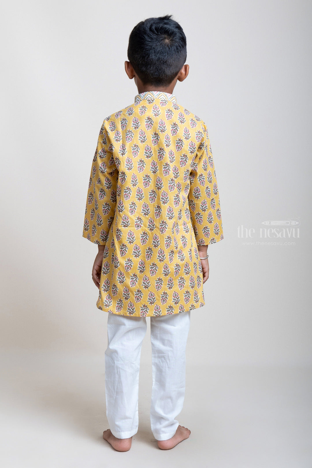 The Nesavu Boys Kurtha Set Latest Floral Printed And Designer Neck Yellow Cotton Kurta And Pyjama For Boys psr silks Nesavu