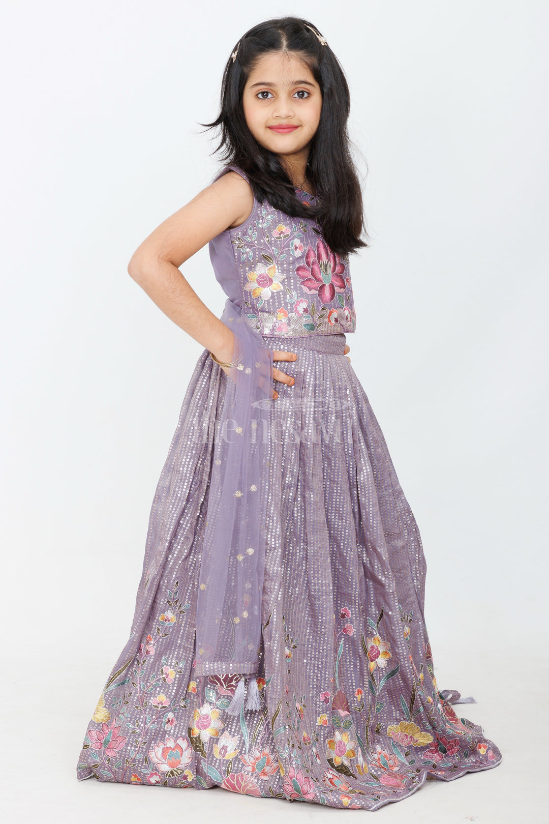 The Nesavu Girls Lehenga Choli Lavender Blended Silk Lehenga Choli for Girls with Floral Embroidery and Pleated Skirt Nesavu Nesavu Girls Lavender Blended Silk Lehenga Choli Floral Embroidery Special Occasions