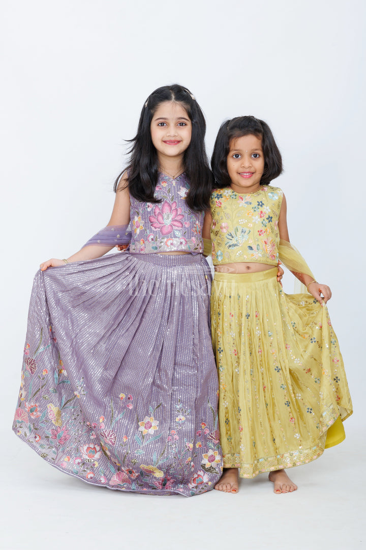 The Nesavu Girls Lehenga Choli Lavender Blended Silk Lehenga Choli for Girls with Floral Embroidery and Pleated Skirt Nesavu Nesavu Girls Lavender Blended Silk Lehenga Choli Floral Embroidery Special Occasions