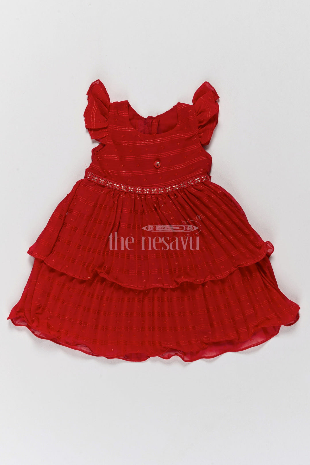 The Nesavu Girls Fancy Frock Layered Red Party Wear Frock for Girls with Tiered Design and Ruffle Sleeves Nesavu 20 (3Y) / Red GFC1542A-20 Nesavu Layered Red Girls Party Wear Frock Ruffle Sleeves Elegant Tiered Design