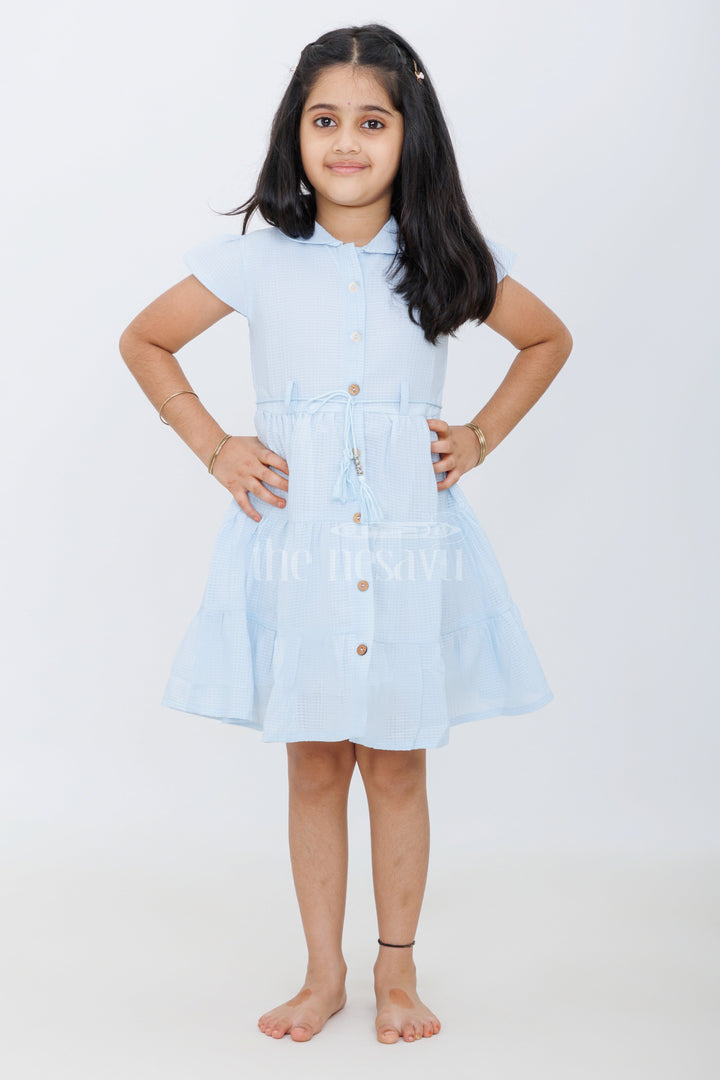 The Nesavu Girls Cotton Frock Light Blue Gingham Cotton Dress with Flutter Sleeves and Embroidered Butterfly for Casual Wear Nesavu 20 (3Y) / Blue GFC1419B-20 Nesavu Girls Light Blue Gingham Cotton Dress Tassel Belt Butterfly Embroidery Playdates Casual Events