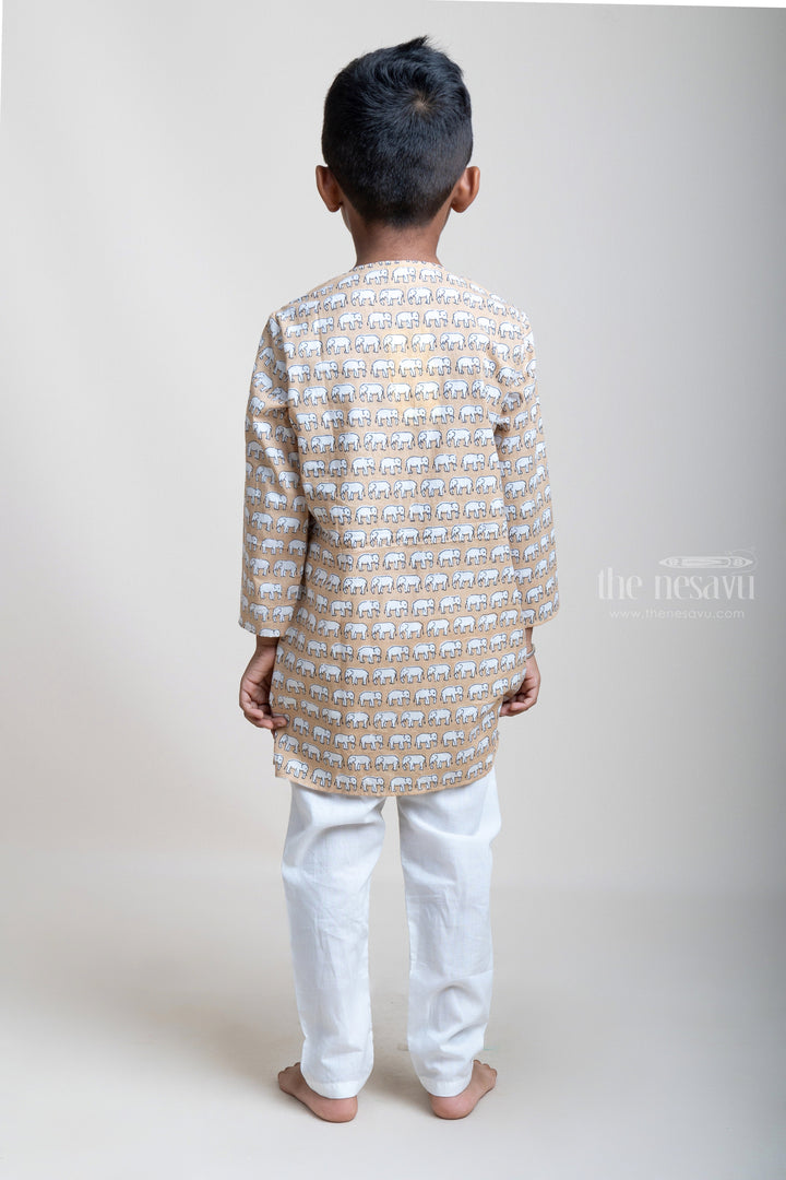 The Nesavu Boys Kurtha Set Light Brown Animal Printed Cotton Kurta And Pure White Pyjama For Boys psr silks Nesavu