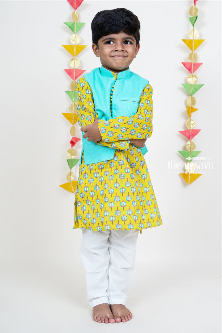 Light Green Soft Cotton Kurta With Overcoat For Boys