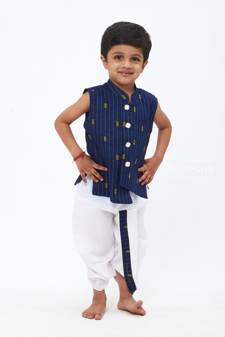 The Nesavu Boys Dothi Set Little Boys Navy Blue Kurta with Embellished Accents & White Panchagajam Nesavu 14 (6M) / Blue / Cotton BES435A-14 Little Boys Navy Blue Ensemble | Embellished Kurta with White Panchagajam | The Nesavu