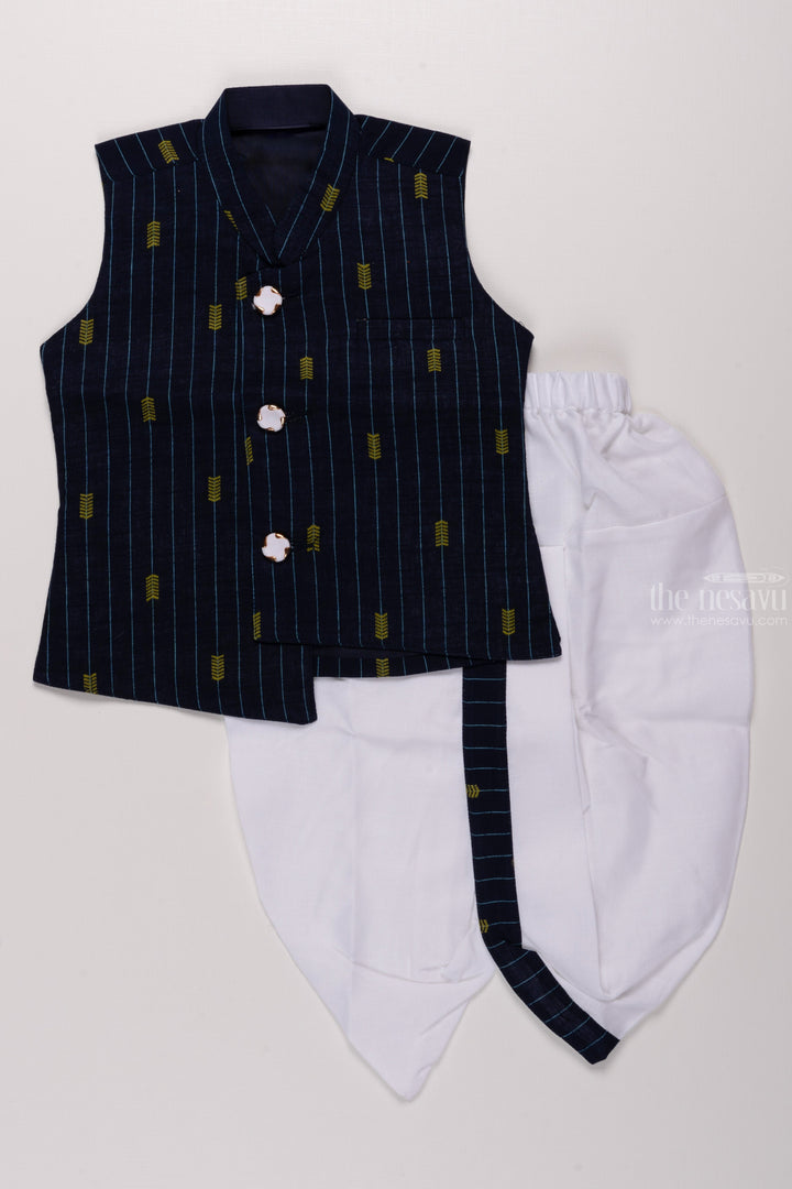 The Nesavu Boys Dothi Set Little Boys Navy Blue Kurta with Embellished Accents & White Panchagajam Nesavu 14 (6M) / Blue / Cotton BES435A-14 Little Boys Navy Blue Ensemble | Embellished Kurta with White Panchagajam | The Nesavu