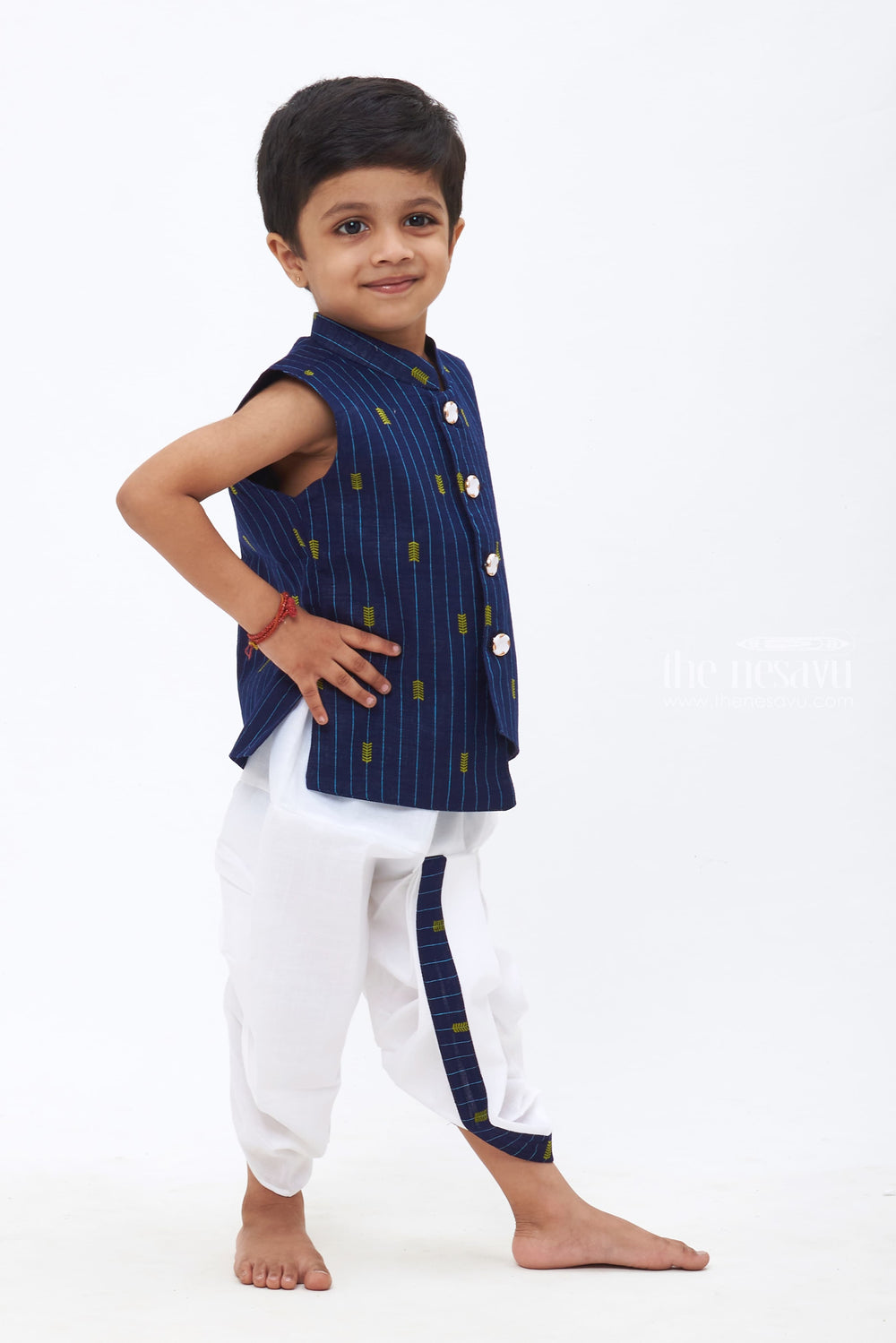 The Nesavu Boys Dothi Set Little Boys Navy Blue Kurta with Embellished Accents & White Panchagajam Nesavu Little Boys Navy Blue Ensemble | Embellished Kurta with White Panchagajam | The Nesavu