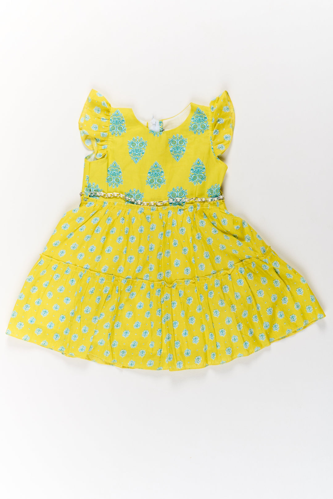 The Nesavu Girls Cotton Frock Long Frock Cotton Dress for Girls with Traditional Print and Ruffled Details Nesavu 20 (3Y) / Yellow GFC1502A-20 Nesavu Long Frock Cotton Dress Girls Yellow Blue Traditional Prints