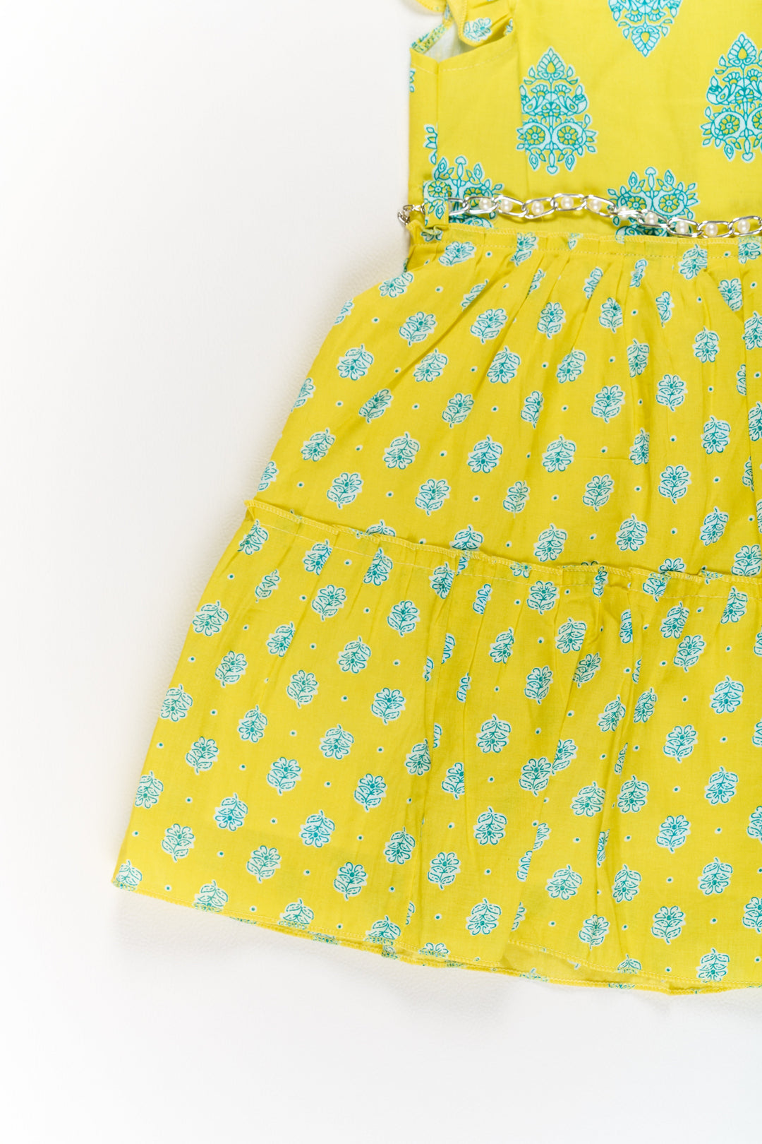 The Nesavu Girls Cotton Frock Long Frock Cotton Dress for Girls with Traditional Print and Ruffled Details Nesavu Nesavu Long Frock Cotton Dress Girls Yellow Blue Traditional Prints