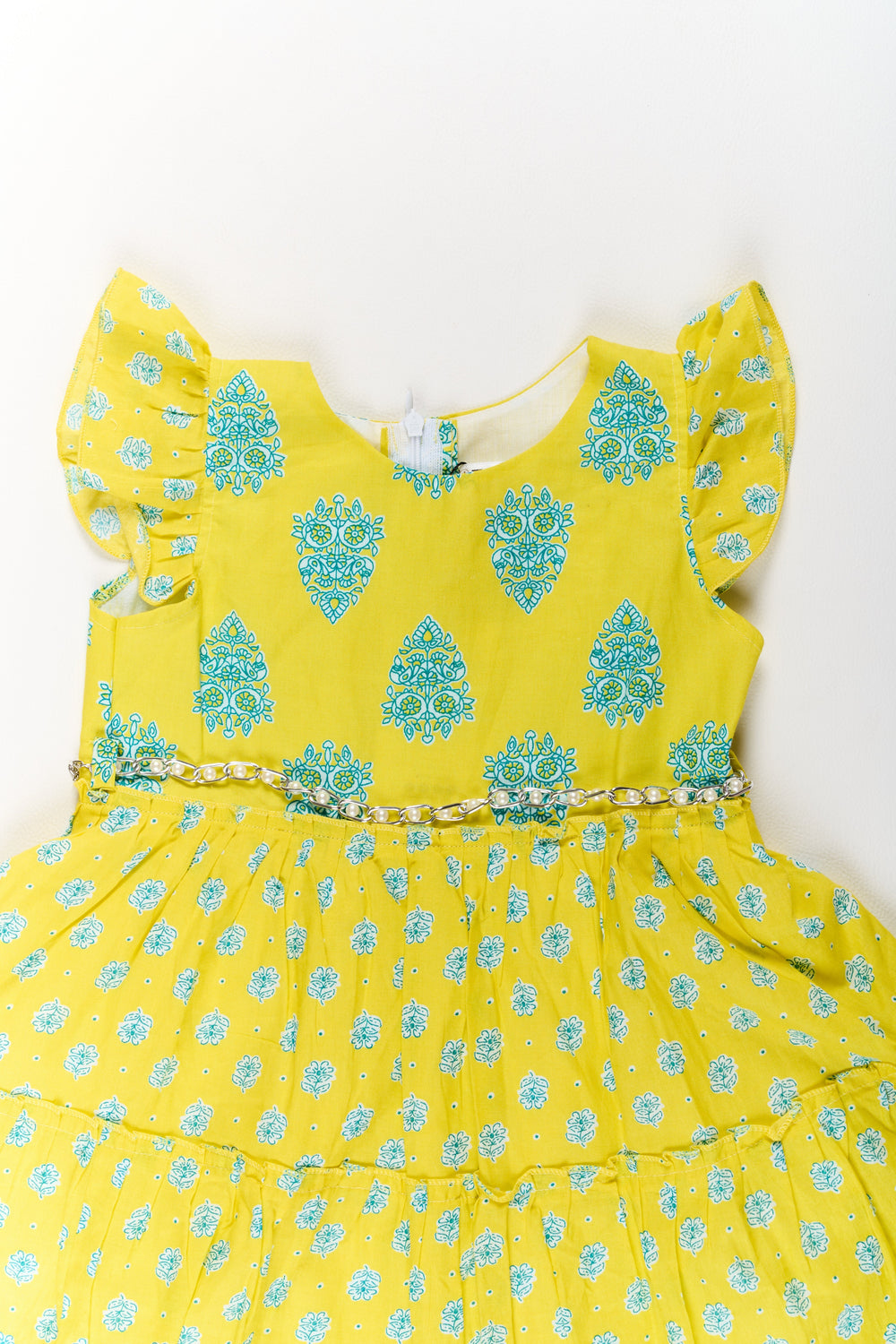 The Nesavu Girls Cotton Frock Long Frock Cotton Dress for Girls with Traditional Print and Ruffled Details Nesavu Nesavu Long Frock Cotton Dress Girls Yellow Blue Traditional Prints