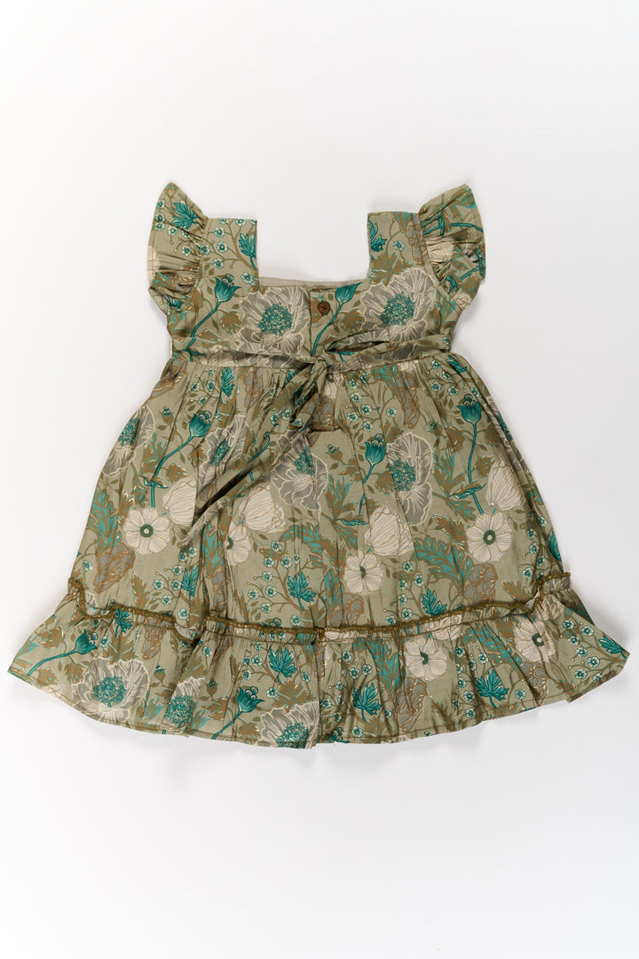 The Nesavu Girls Cotton Frock Long Frock for Girls in Green Floral Design with Lace Waist and Ruffle Hem Nesavu Nesavu Long Green Floral Frock Girls Ruffle Hem Lace Waist