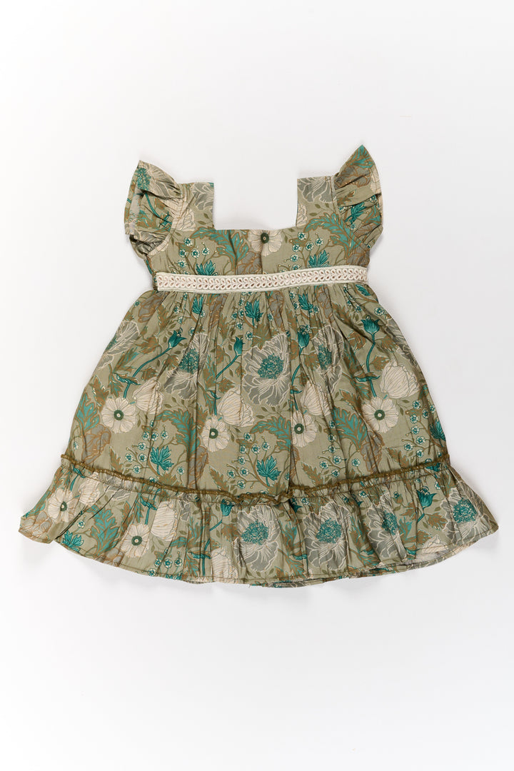 The Nesavu Girls Cotton Frock Long Frock for Girls in Green Floral Design with Lace Waist and Ruffle Hem Nesavu Nesavu Long Green Floral Frock Girls Ruffle Hem Lace Waist