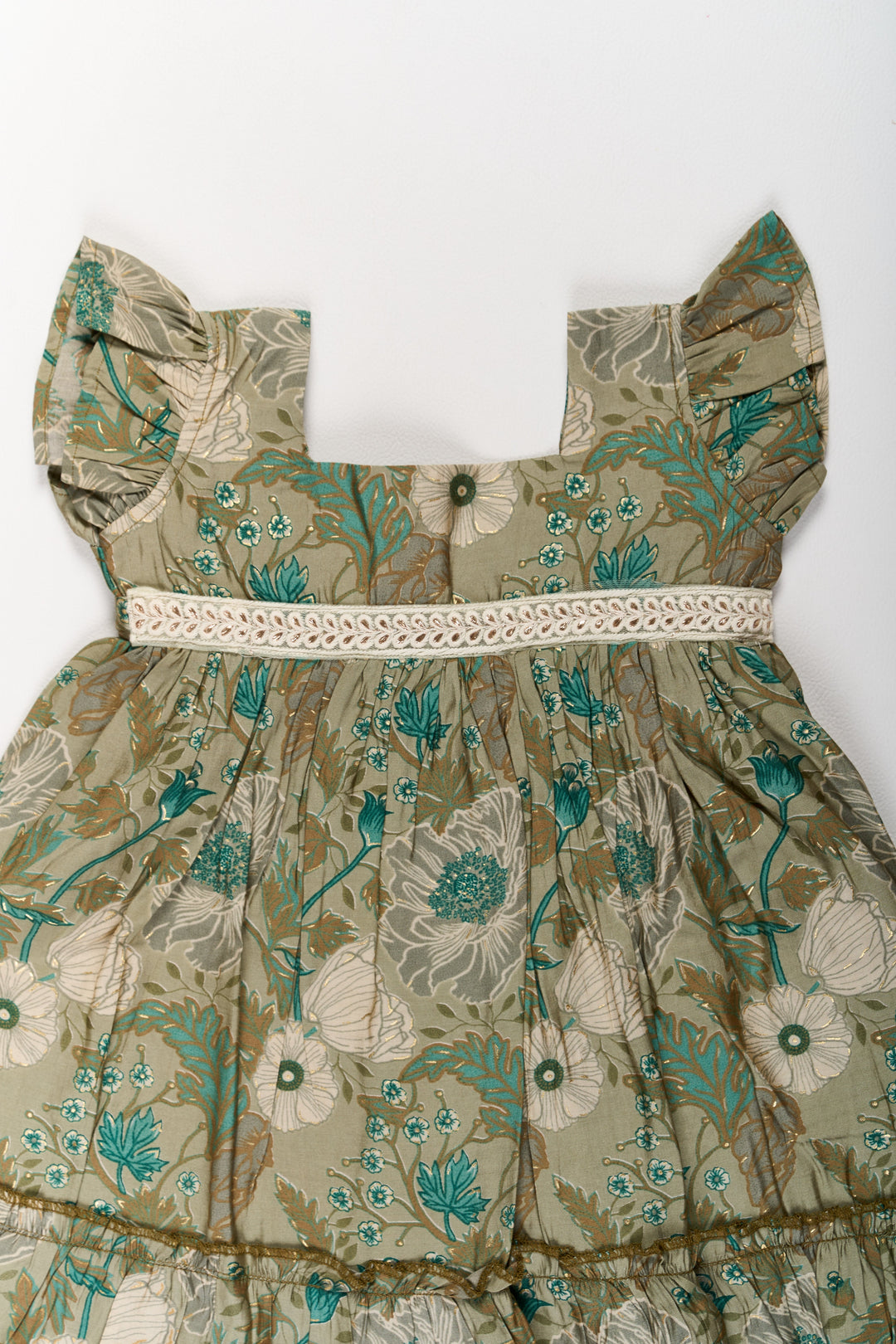 The Nesavu Girls Cotton Frock Long Frock for Girls in Green Floral Design with Lace Waist and Ruffle Hem Nesavu Nesavu Long Green Floral Frock Girls Ruffle Hem Lace Waist