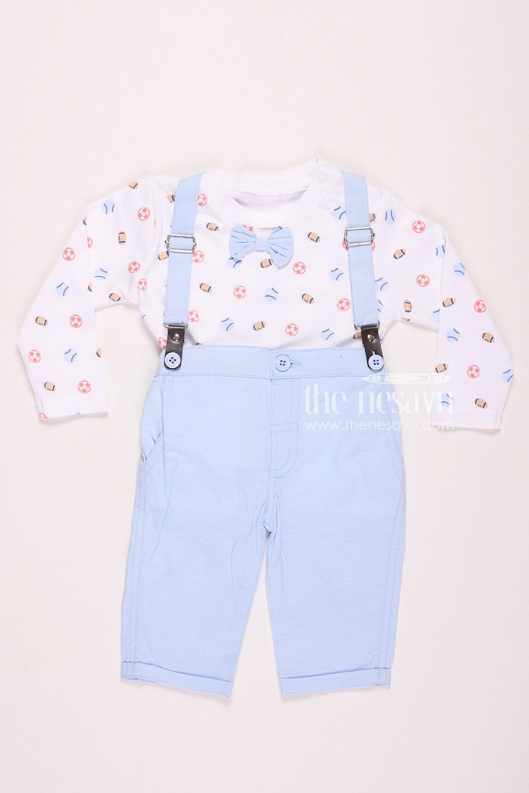 The Nesavu Baby Rompers/Onesies Long Sleeve Bow Tie Suspender Baby Boy Outfit Nesavu 10 (NB) / Blue BCS050A-10 Long Sleeve Bow Tie Suspender Baby Boy Outfit - Elegant & Stylish