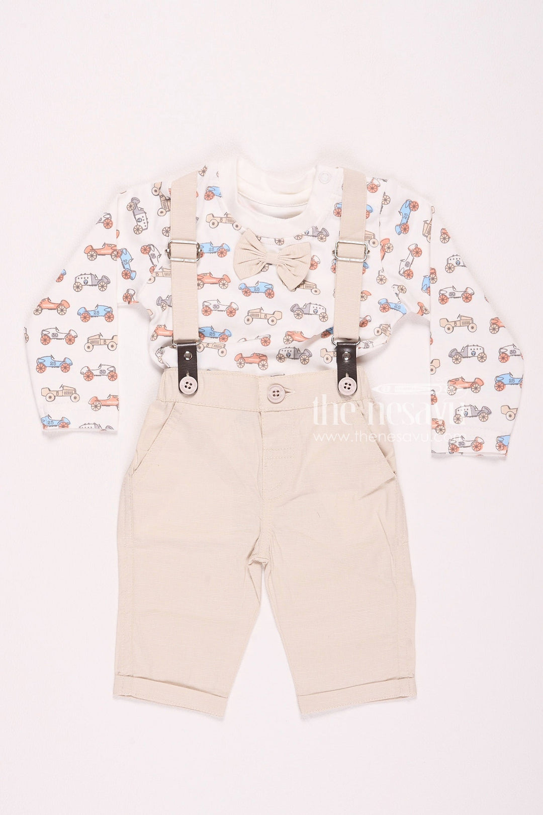 The Nesavu Baby Rompers/Onesies Long Sleeve Car Print Suspender Baby Boy Outfit Nesavu 10 (NB) / Beige BCS049A-10 Long Sleeve Car Print Suspender Baby Boy Outfit - Fun & Cozy