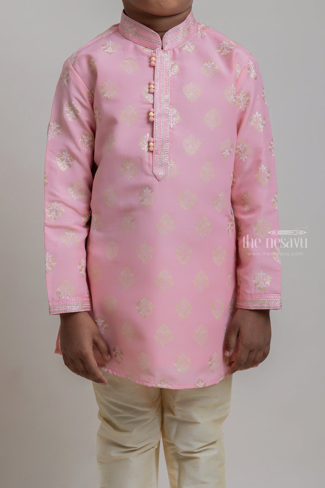 The Nesavu Boys Kurtha Set Lovely Salmon Pink Butta Designed Kurta With Beige Pant For Boys Nesavu Premium Kurta Set For Boys | Latest Boys Dresses | The Nesavu