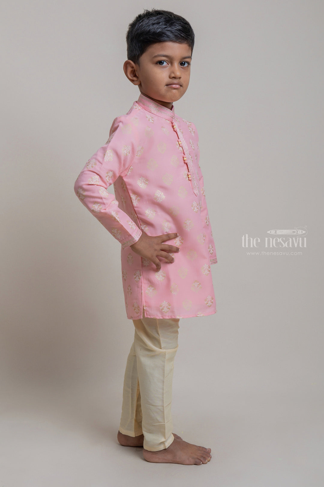 The Nesavu Boys Kurtha Set Lovely Salmon Pink Butta Designed Kurta With Beige Pant For Boys Nesavu Premium Kurta Set For Boys | Latest Boys Dresses | The Nesavu