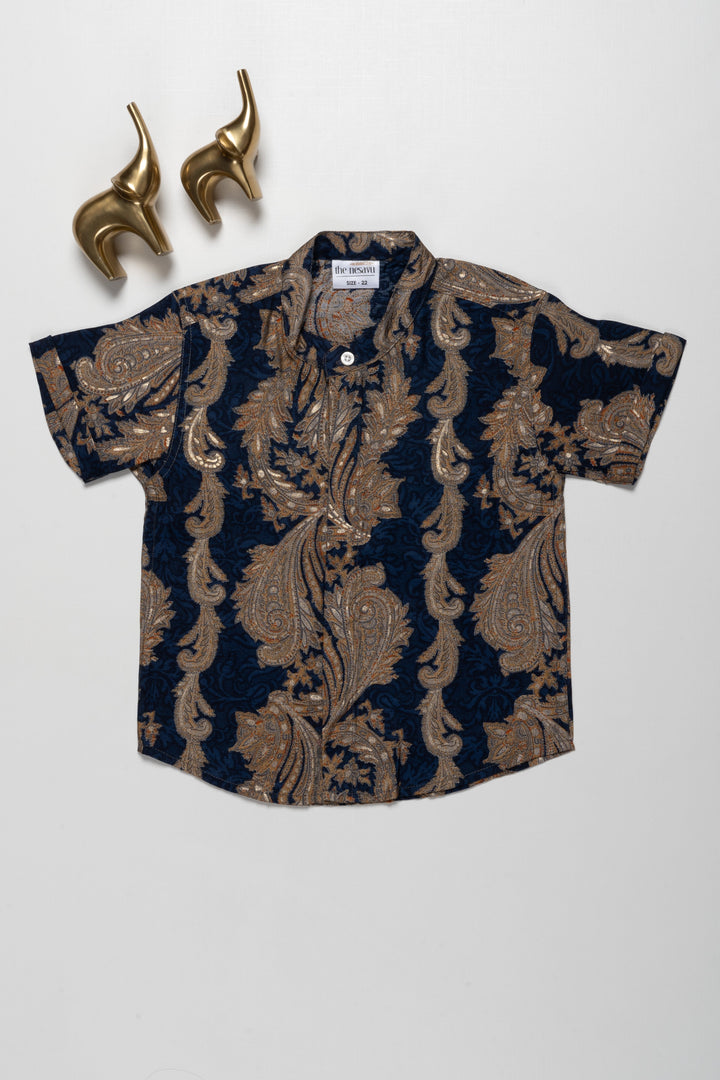 The Nesavu Boys Cotton Shirt Luxurious Boys Chanderi Shirt with Gold and Navy Baroque Design - Perfect for Special Events Nesavu 16 (1Y) / Blue / Chanderi BS144A-16 Luxurious Boys Chanderi Shirt with Gold and Navy Baroque Design | Perfect for Special Events | The Nesavu