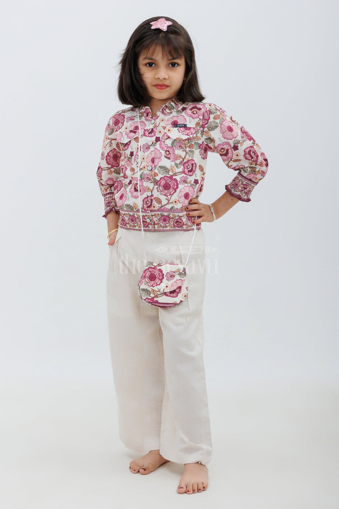 The Nesavu Girls Sharara / Plazo Set Magenta and Cream Floral Slub Cotton Sharara Set for Girls Nesavu 24 (5Y) / Magenta GPS383A-24 Magenta and Cream Floral Slub Cotton Sharara Set for Girls - Nesavu