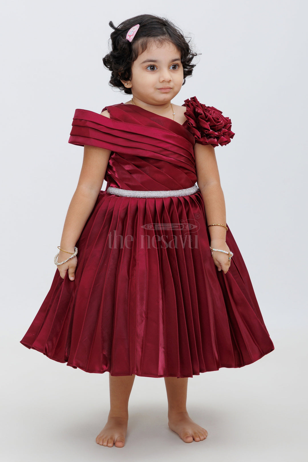 The Nesavu Girls Fancy Party Frock Magenta Glaze Organza Party Wear Dress with Floral Embellishment Nesavu Magenta Glaze Organza Party Wear Dress with Floral Embellishment - Nesavu