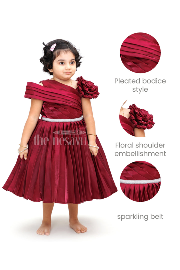 The Nesavu Girls Fancy Party Frock Magenta Glaze Organza Party Wear Dress with Floral Embellishment Nesavu Magenta Glaze Organza Party Wear Dress with Floral Embellishment - Nesavu