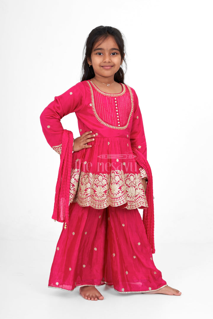 The Nesavu Girls Sharara / Plazo Set Magenta Sharara Set for Girls with Embroidered Long Tunic and Pleated Pants Nesavu Nesavu Magenta Sharara Set Girls Gold Embroidery Three-Quarter Sleeves