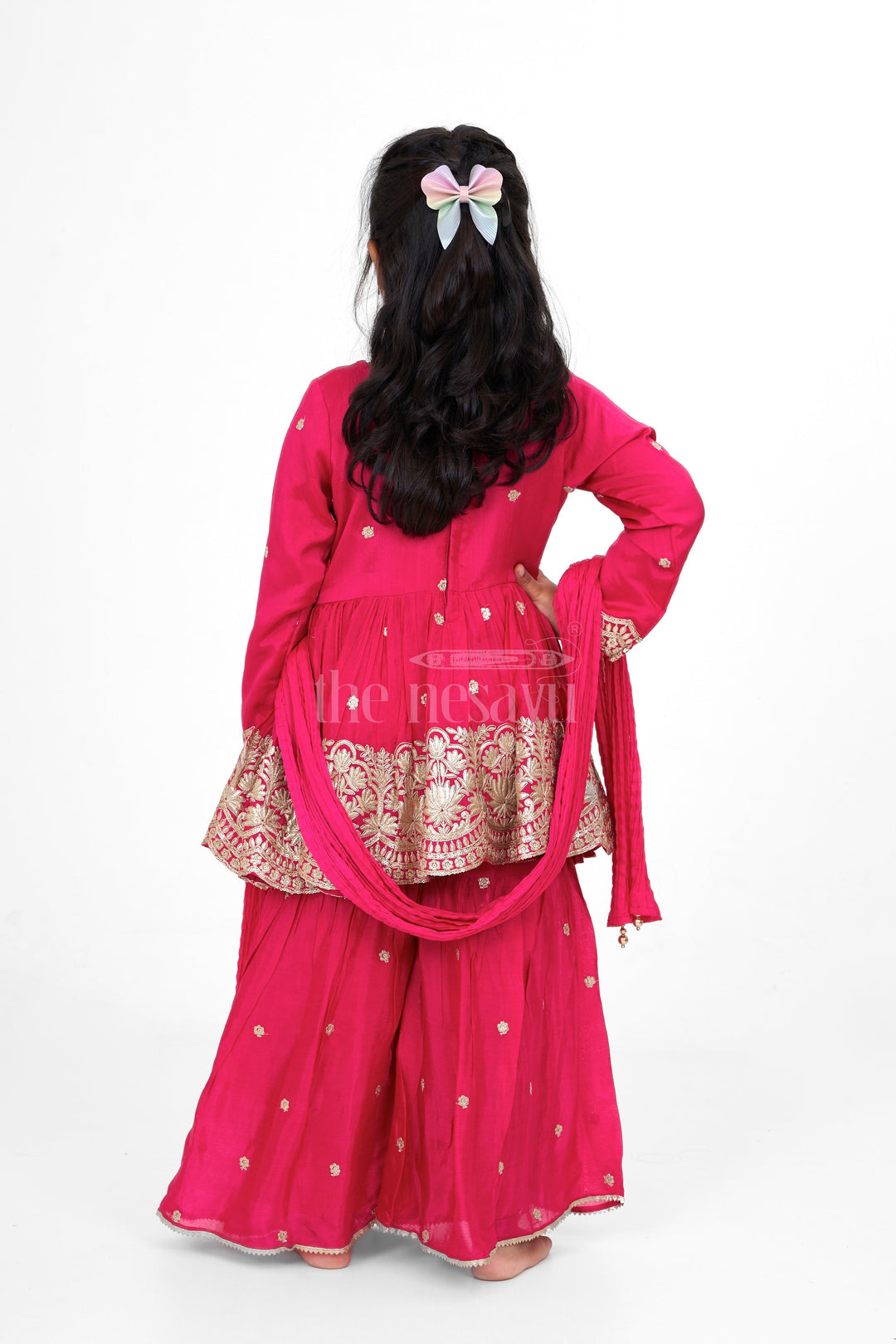 The Nesavu Girls Sharara / Plazo Set Magenta Sharara Set for Girls with Embroidered Long Tunic and Pleated Pants Nesavu Nesavu Magenta Sharara Set Girls Gold Embroidery Three-Quarter Sleeves